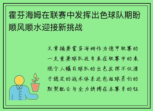 霍芬海姆在联赛中发挥出色球队期盼顺风顺水迎接新挑战