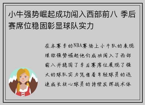 小牛强势崛起成功闯入西部前八 季后赛席位稳固彰显球队实力