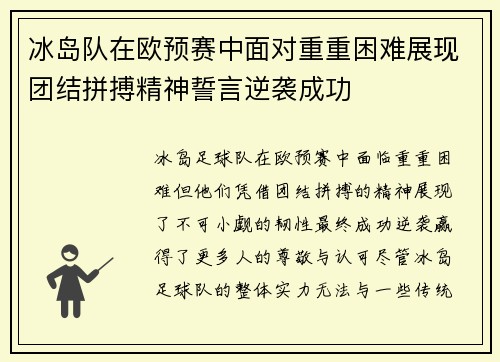 冰岛队在欧预赛中面对重重困难展现团结拼搏精神誓言逆袭成功