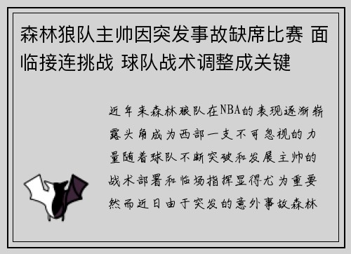 森林狼队主帅因突发事故缺席比赛 面临接连挑战 球队战术调整成关键